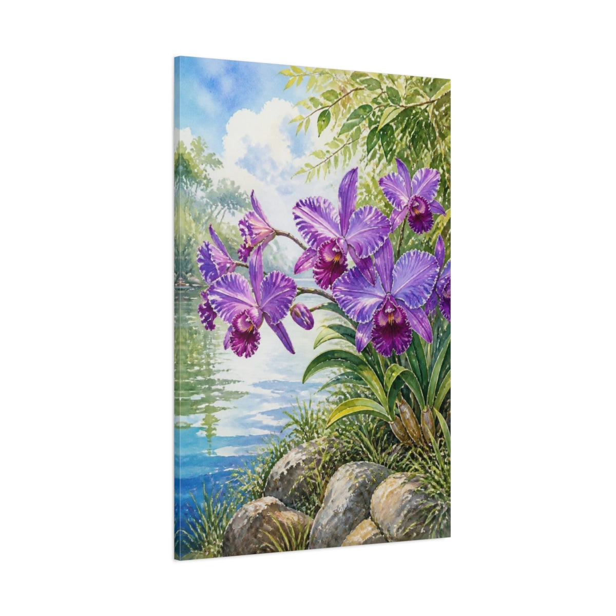 Side Mockup 1. Purple Orchid Flowers shown as canvas print
