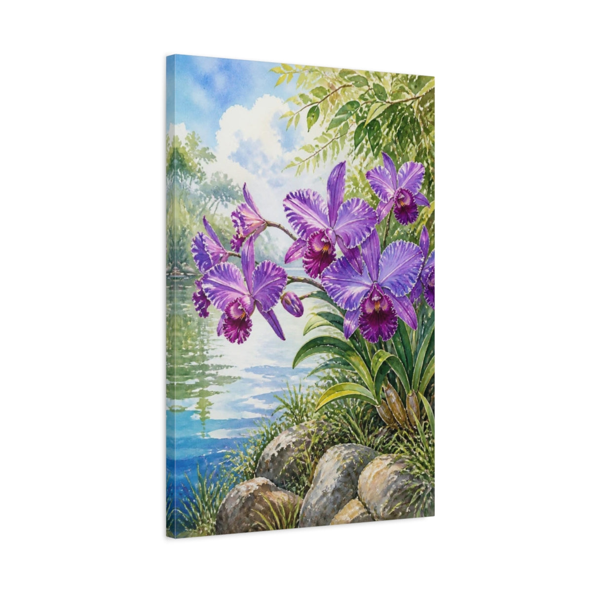 Side Mockup 2. Purple Orchid Flowers shown as canvas print