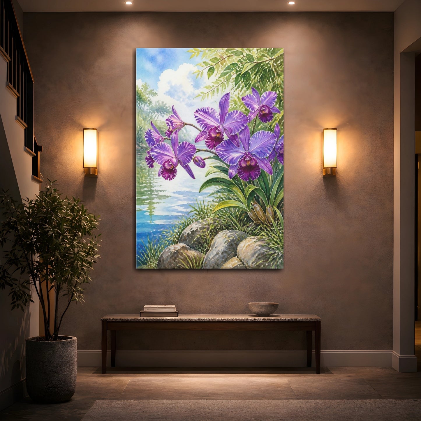 Mockup 2. Purple Orchid Flowers shown as canvas print