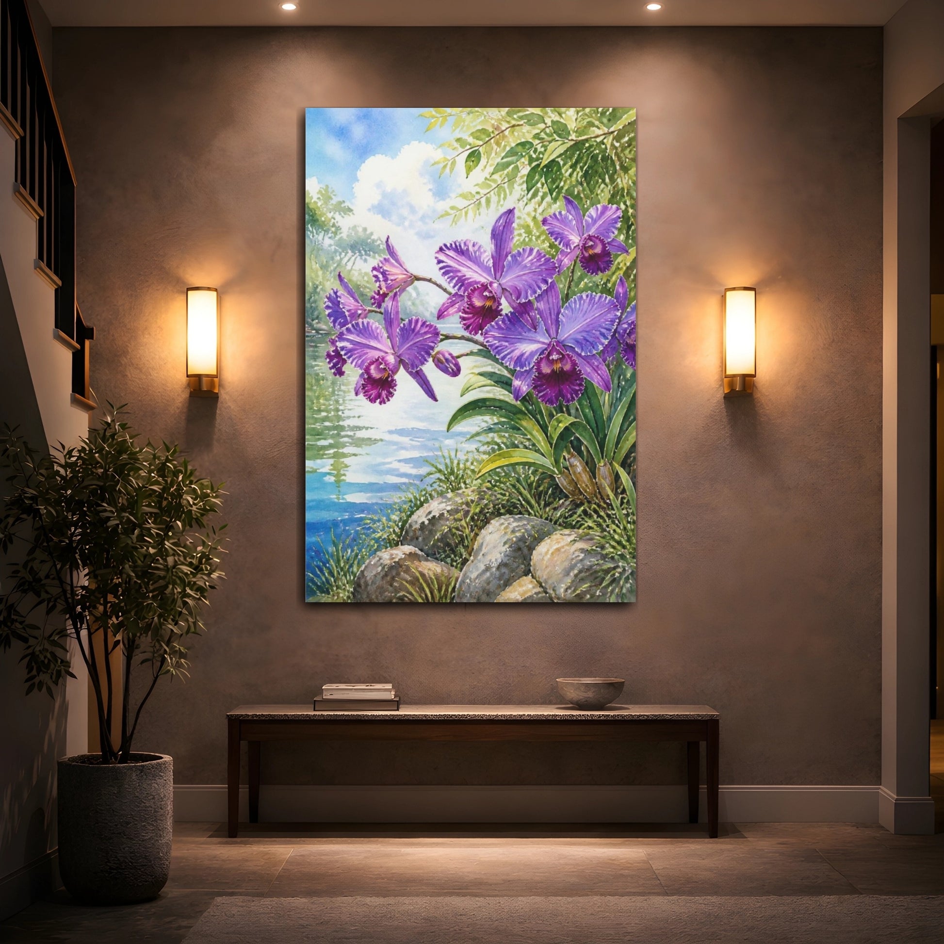 Mockup 2. Purple Orchid Flowers shown as canvas print