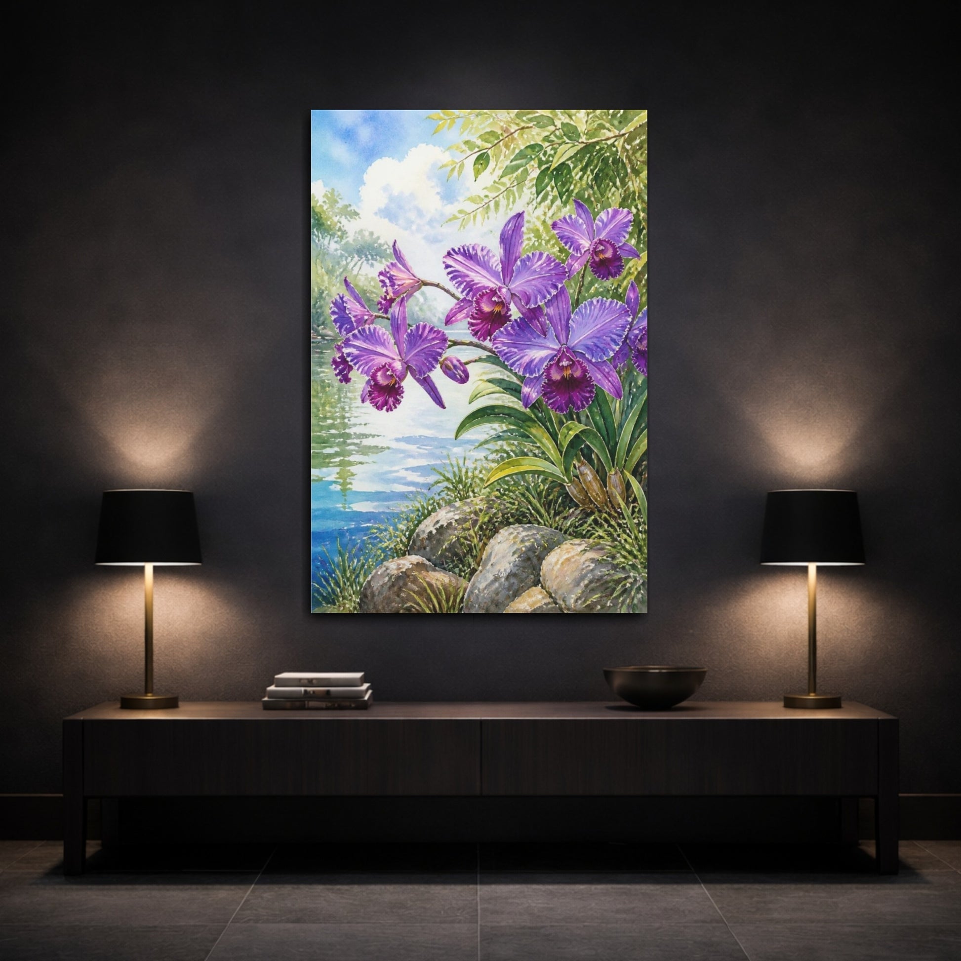 Mockup 3. Purple Orchid Flowers shown as canvas print