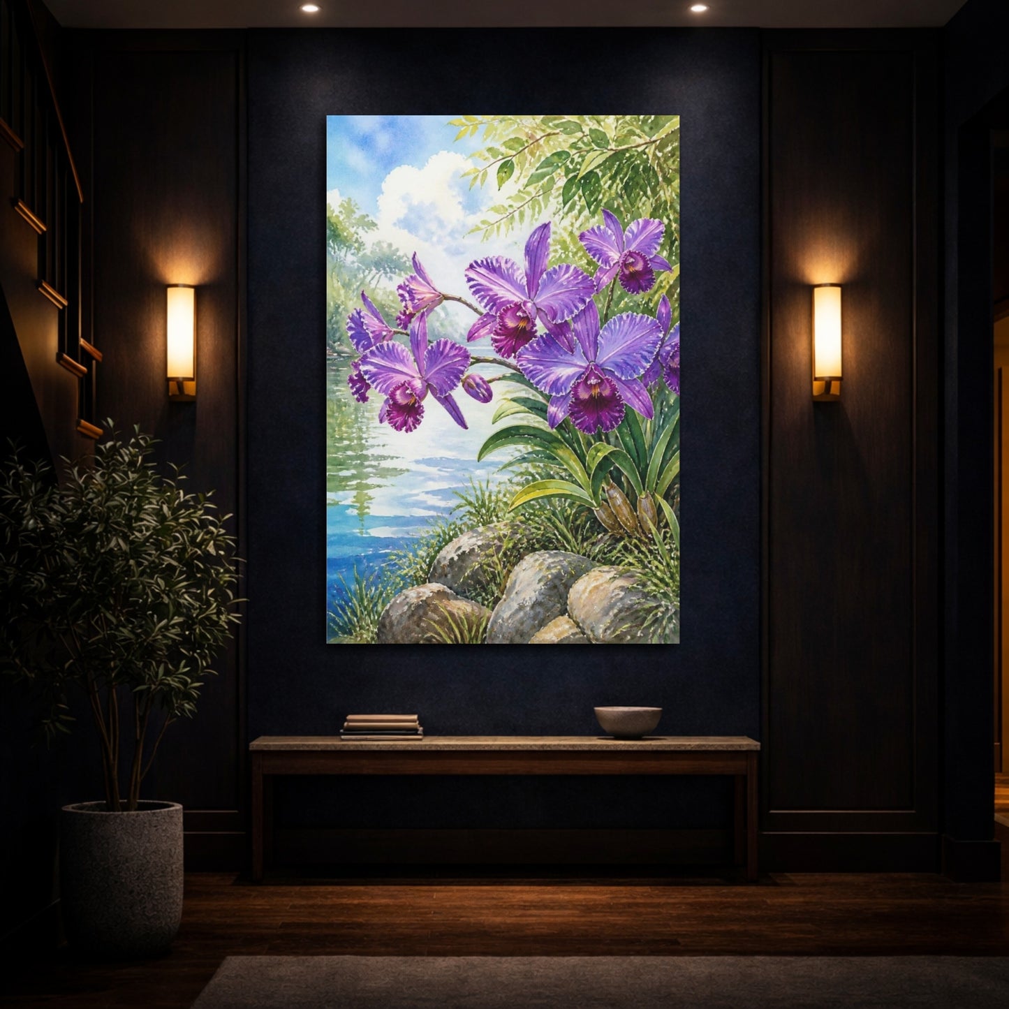 Mockup 4. Purple Orchid Flowers shown as canvas print