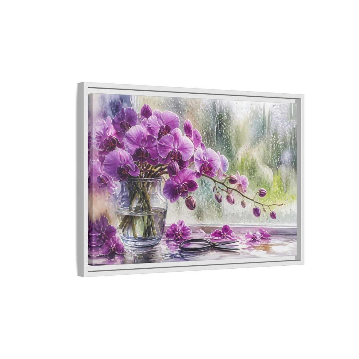 Side Mockup 1. Purple Orchid Window Still Life shown as framed canvas print