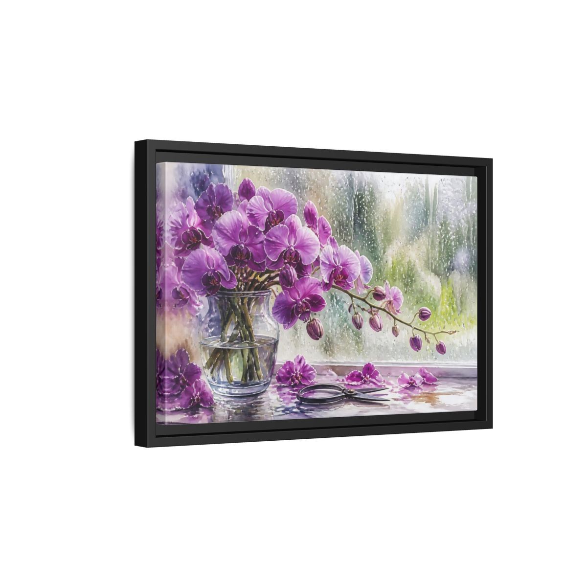 Side Mockup 6. Purple Orchid Window Still Life shown as framed canvas print