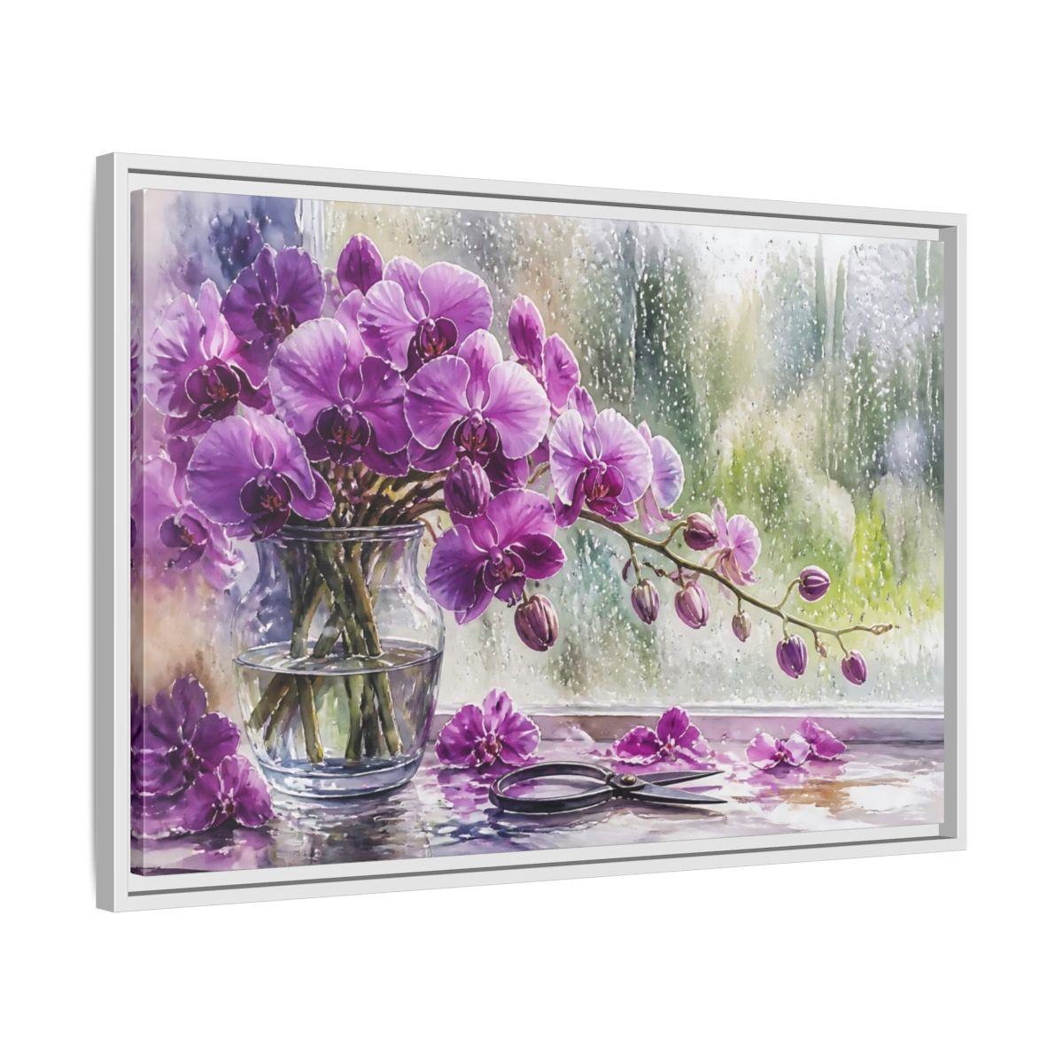 Side Mockup 10. Purple Orchid Window Still Life shown as framed canvas print