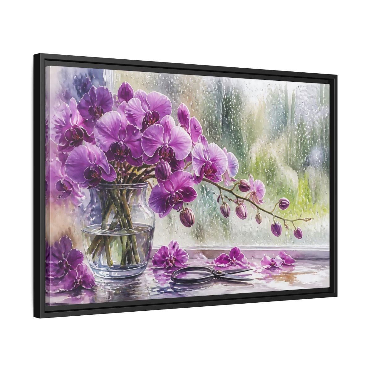 Side Mockup 14. Purple Orchid Window Still Life shown as framed canvas print
