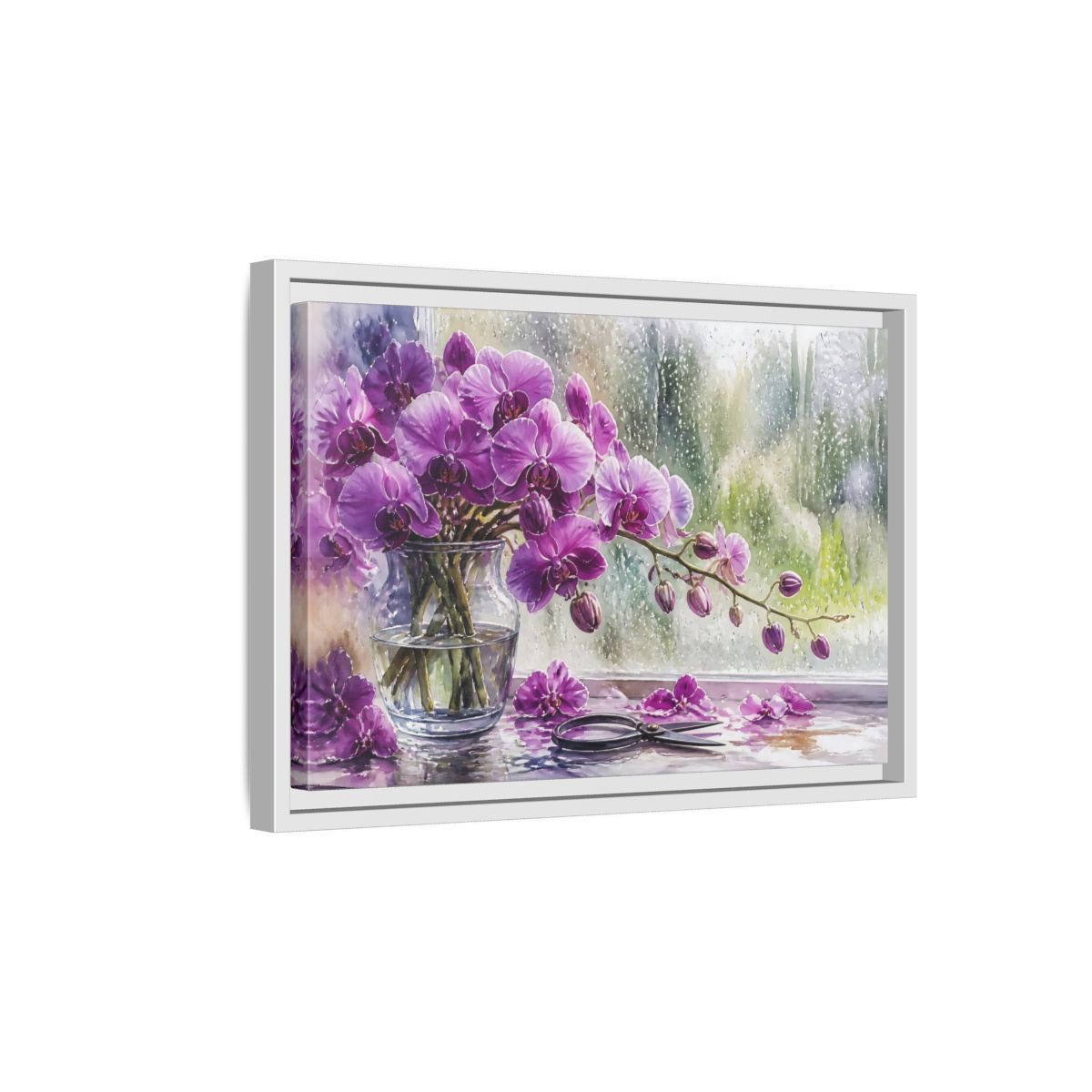 Side Mockup 4. Purple Orchid Window Still Life shown as framed canvas print