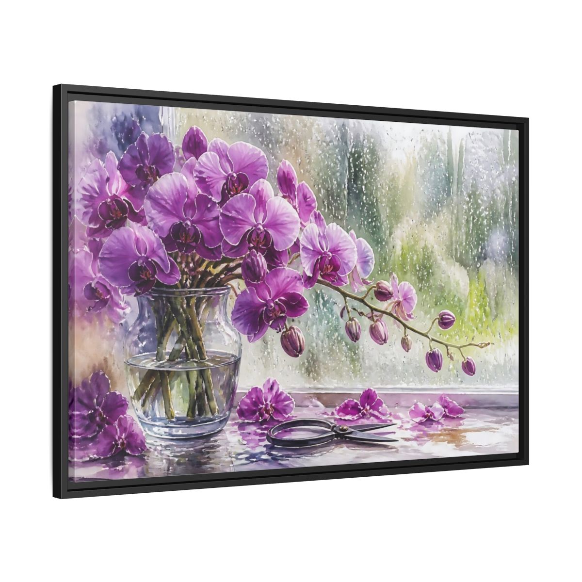 Side Mockup 13. Purple Orchid Window Still Life shown as framed canvas print