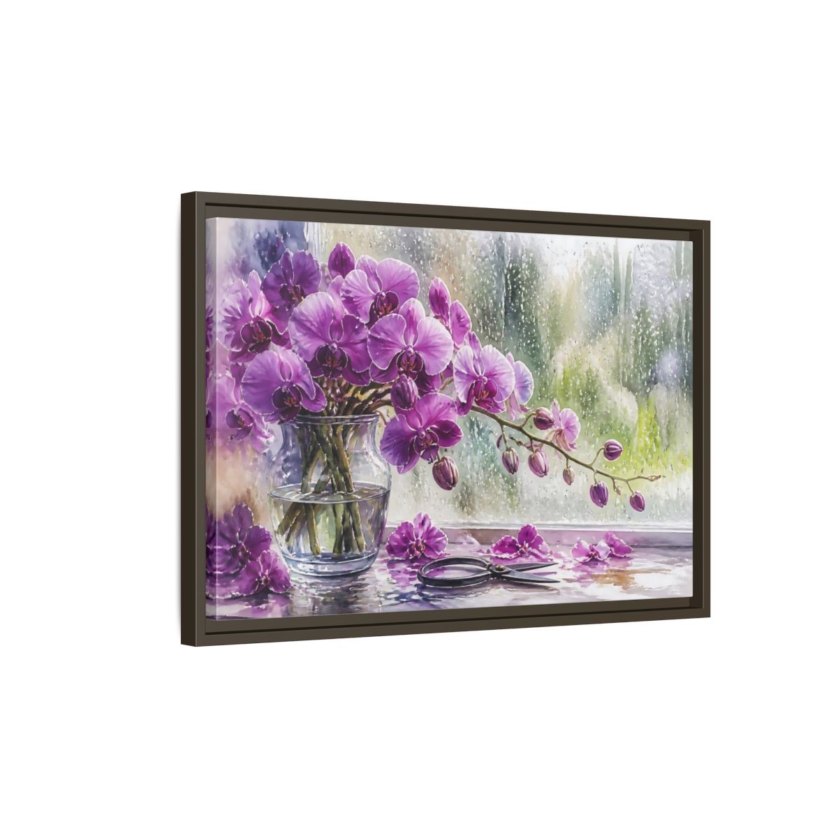 Side Mockup 2. Purple Orchid Window Still Life shown as framed canvas print