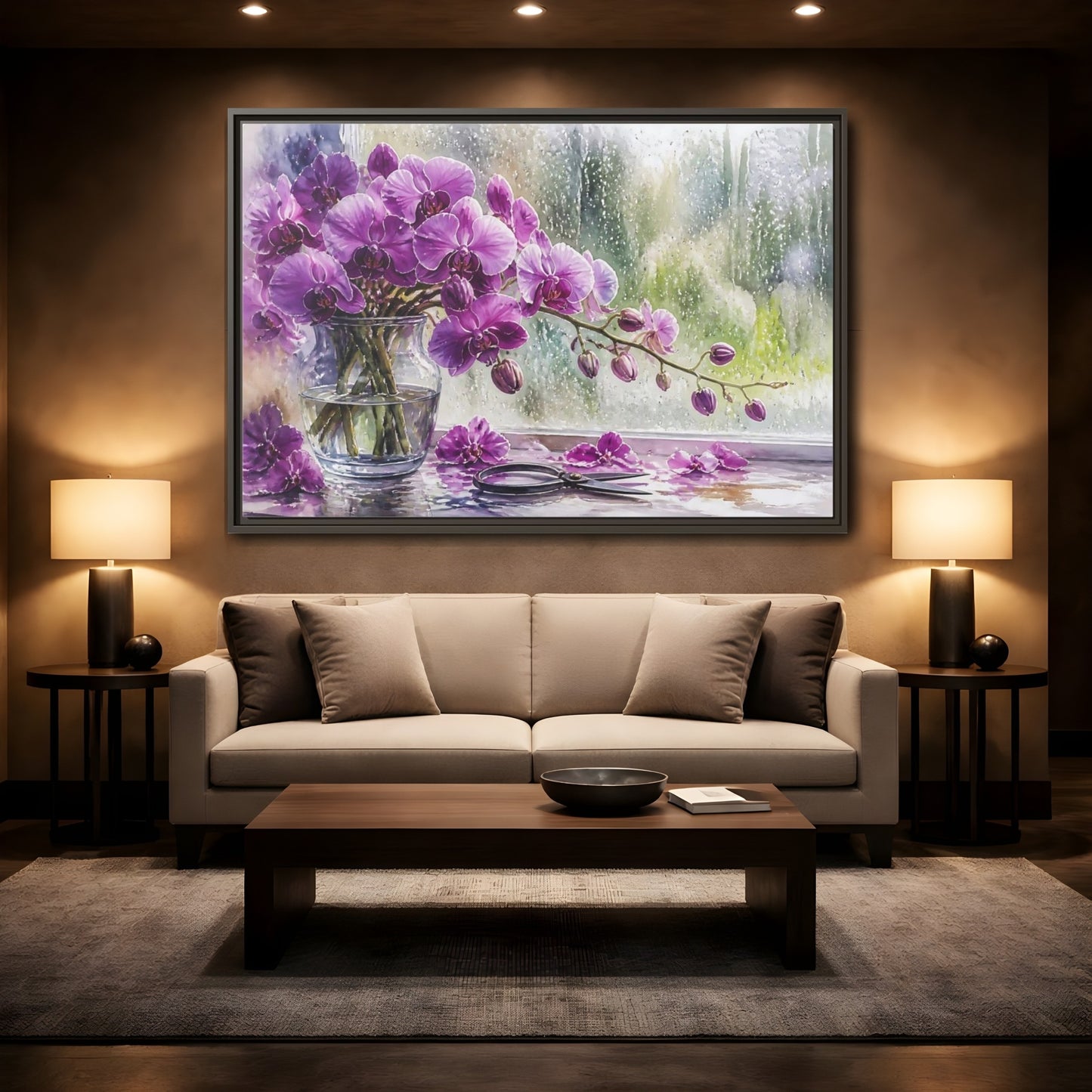 Mockup 2. Purple Orchid Window Still Life shown as framed canvas print