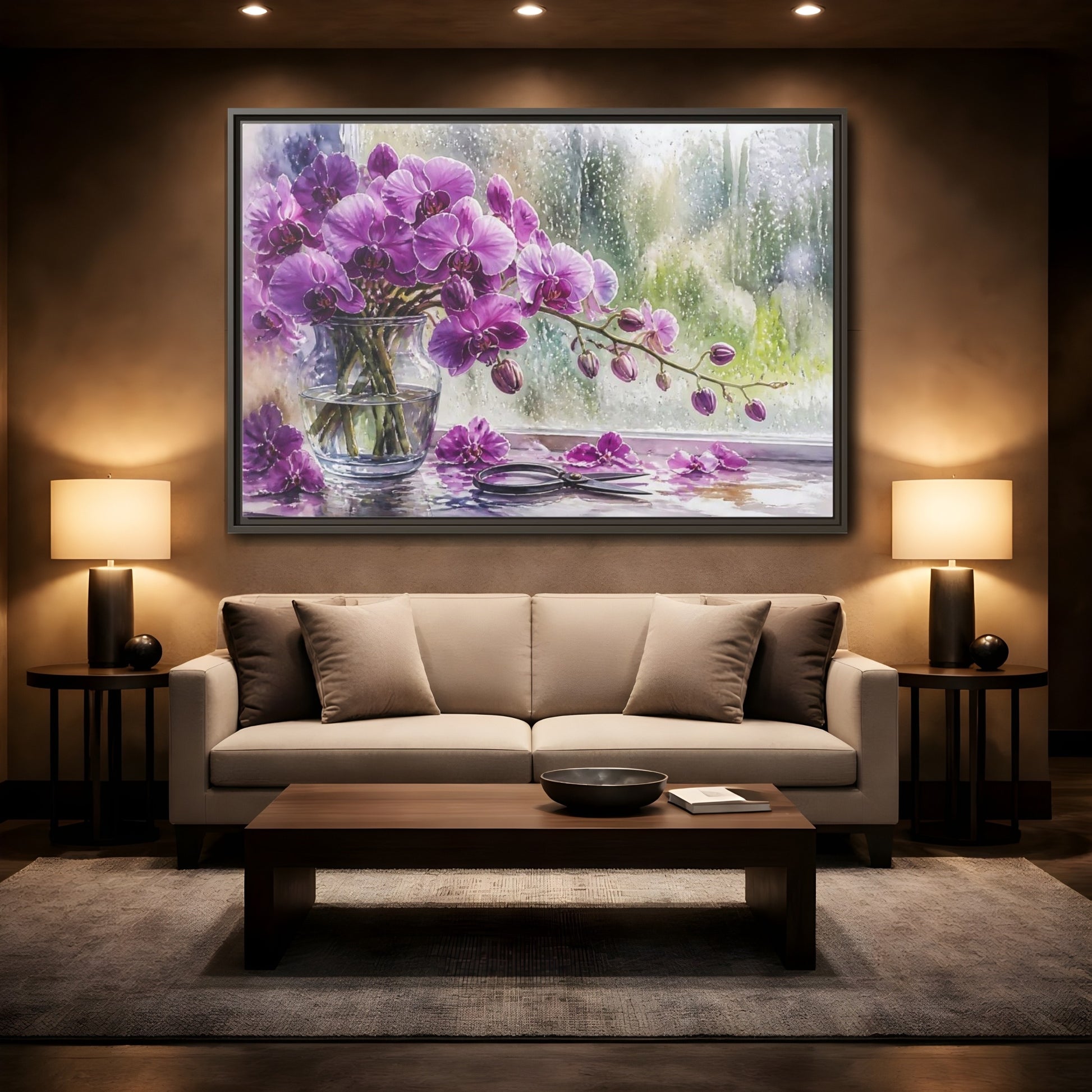 Mockup 2. Purple Orchid Window Still Life shown as framed canvas print