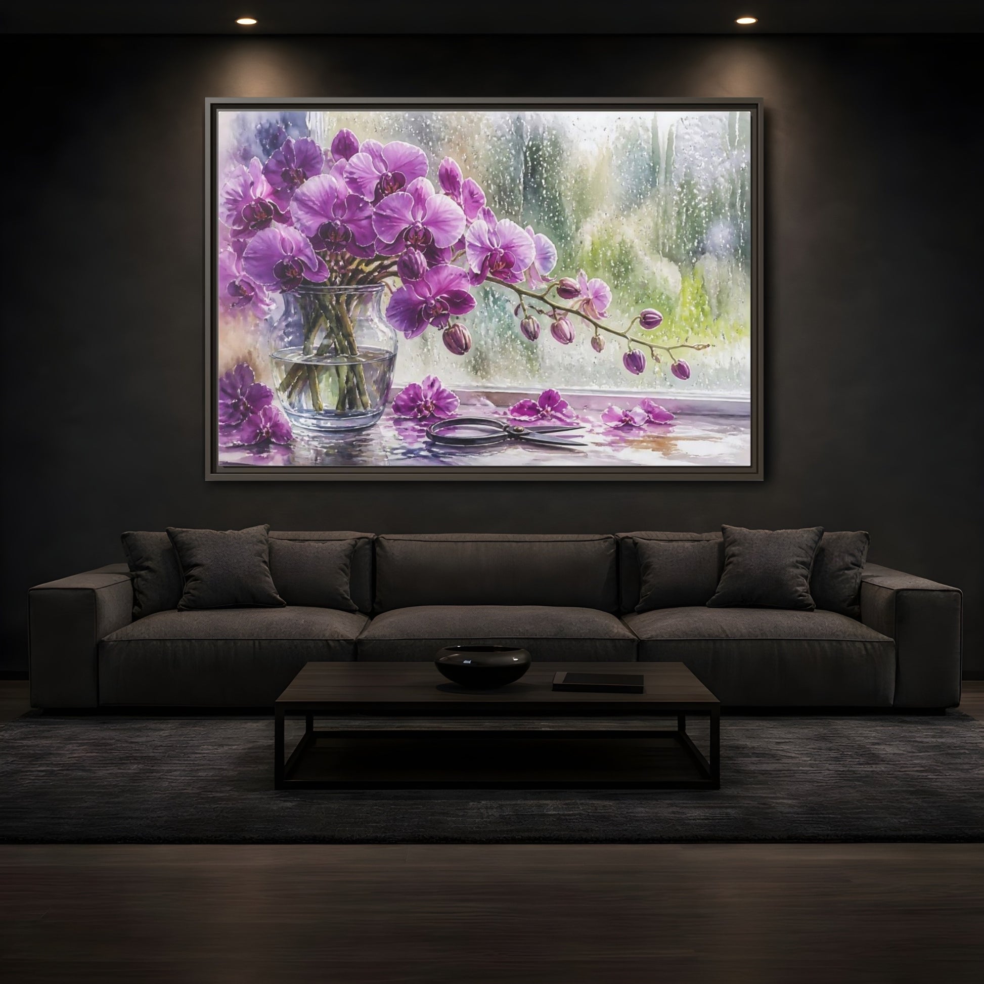 Mockup 3. Purple Orchid Window Still Life shown as framed canvas print
