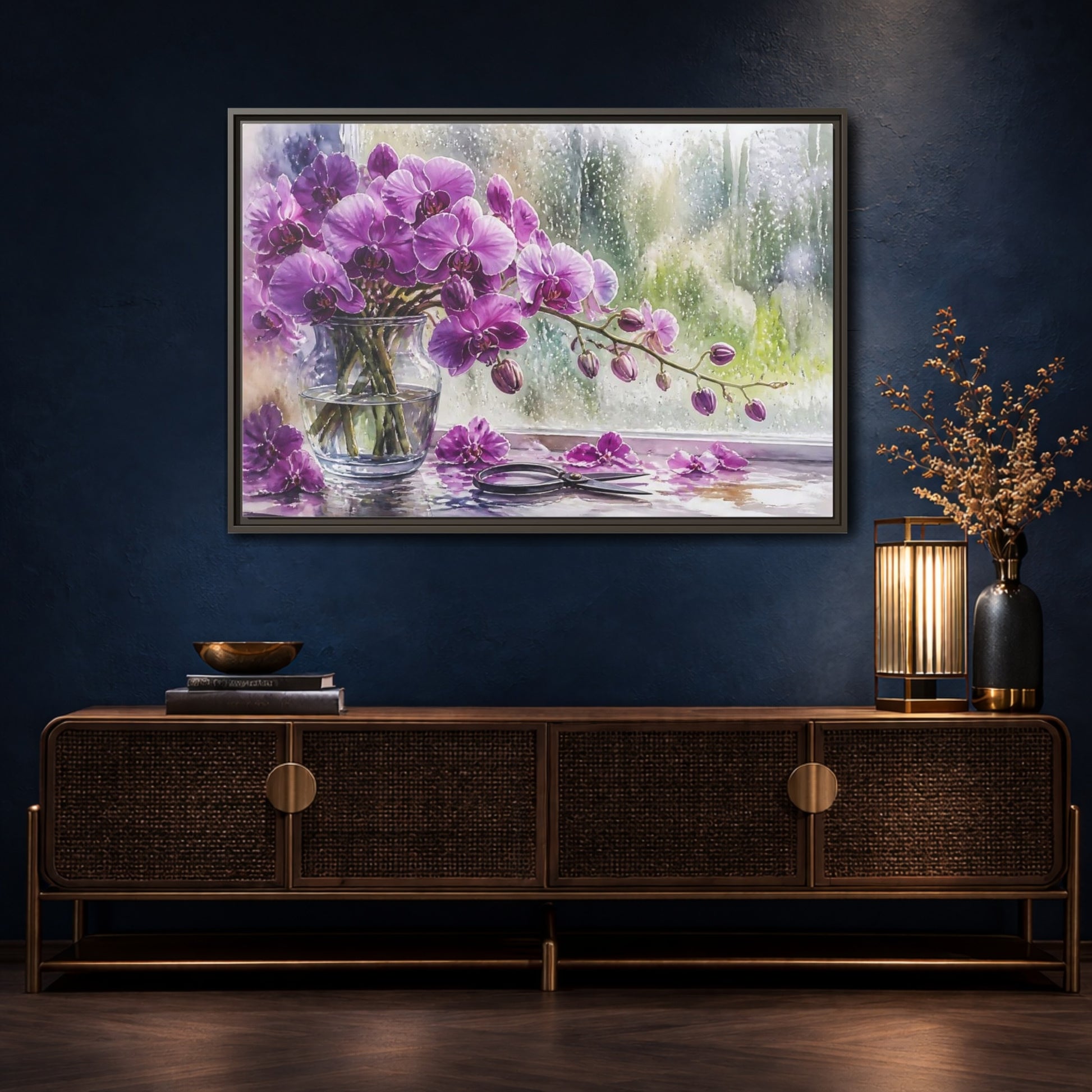 Mockup 4. Purple Orchid Window Still Life shown as framed canvas print