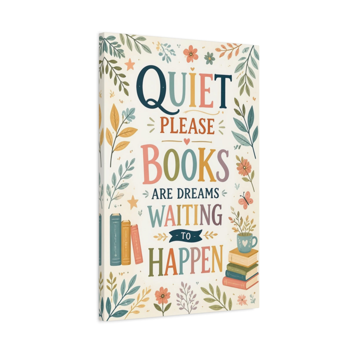 Side Mockup 2. Quiet Books Quote shown as canvas print