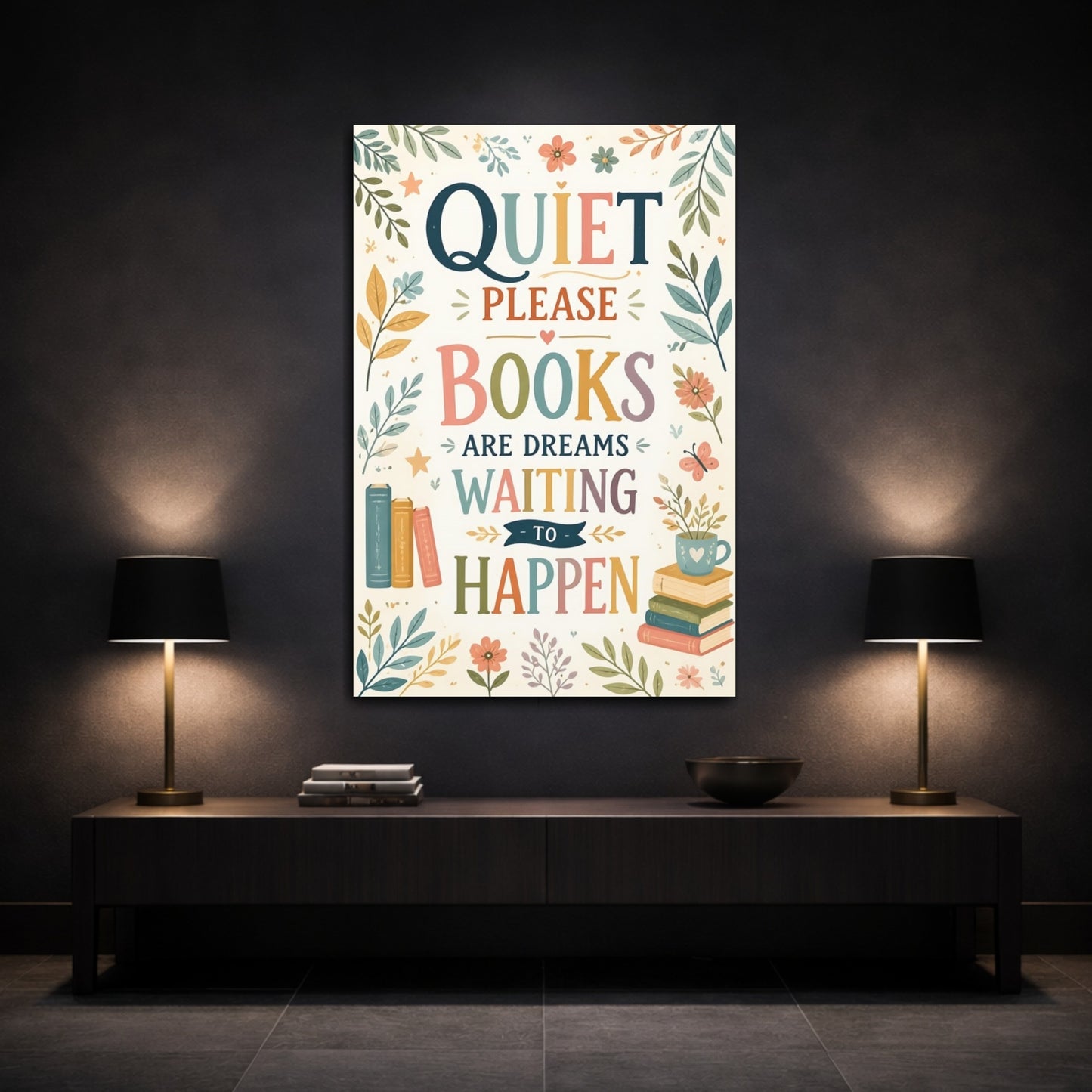 Mockup 3. Quiet Books Quote shown as canvas print