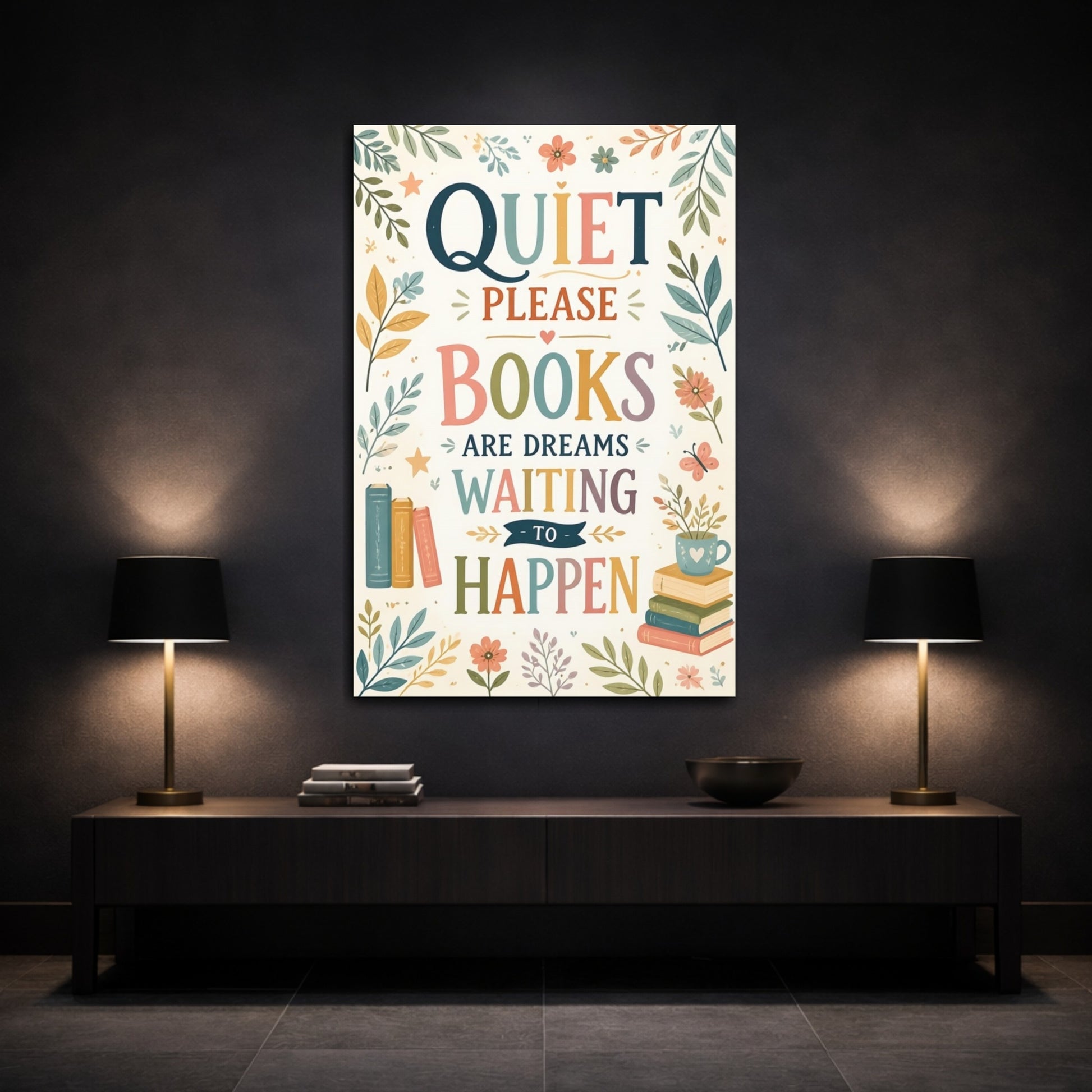 Mockup 3. Quiet Books Quote shown as canvas print