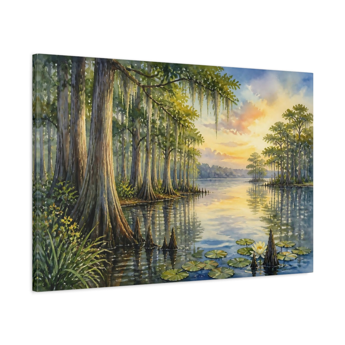 Main Mockup. Quiet Cypress Grove At Sunset shown as canvas print