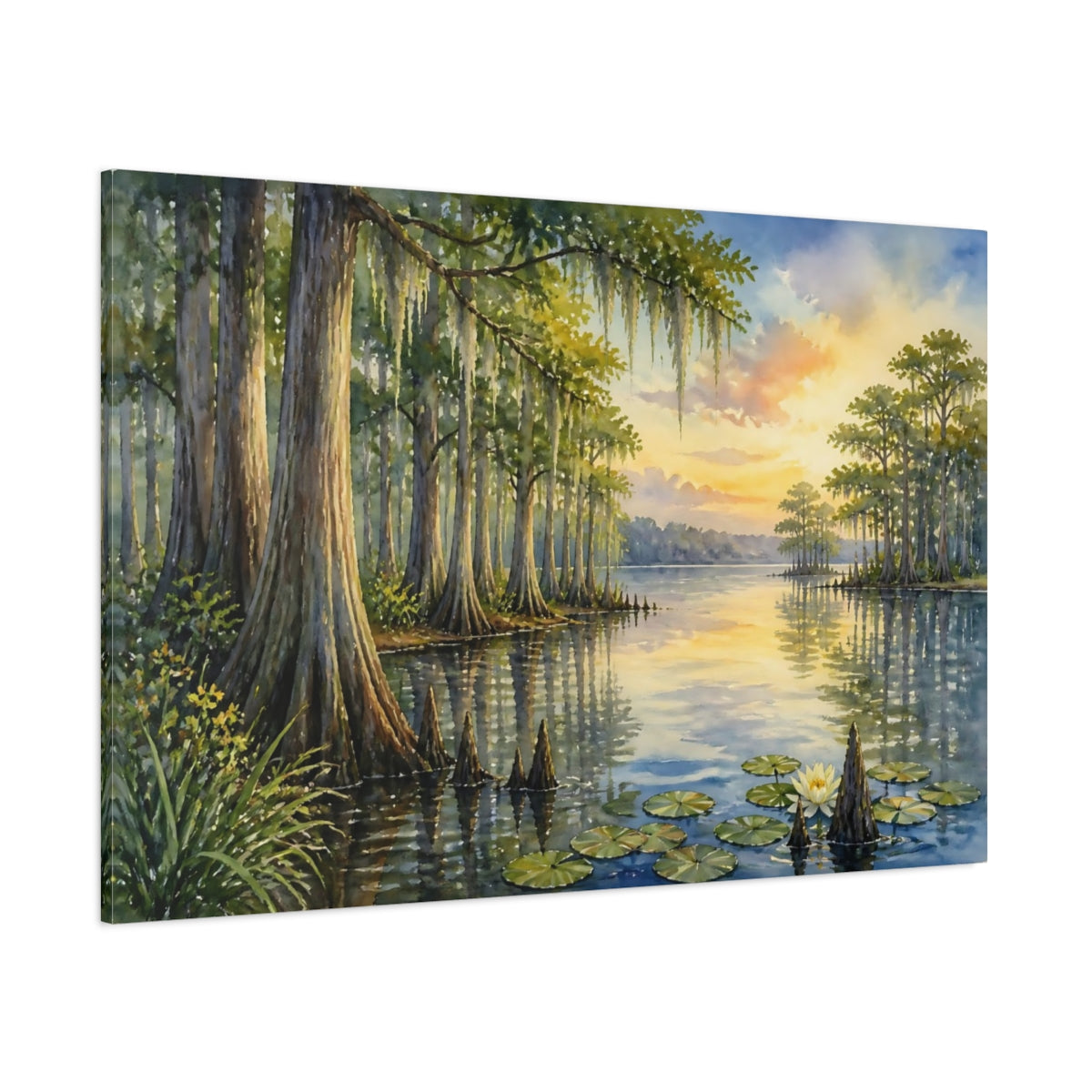 Side Mockup 1. Quiet Cypress Grove At Sunset shown as canvas print
