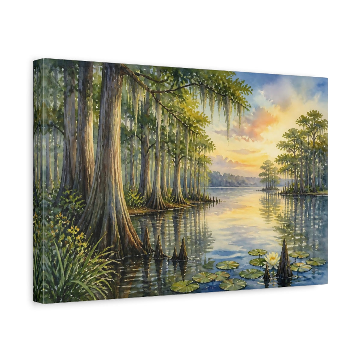 Side Mockup 4. Quiet Cypress Grove At Sunset shown as canvas print