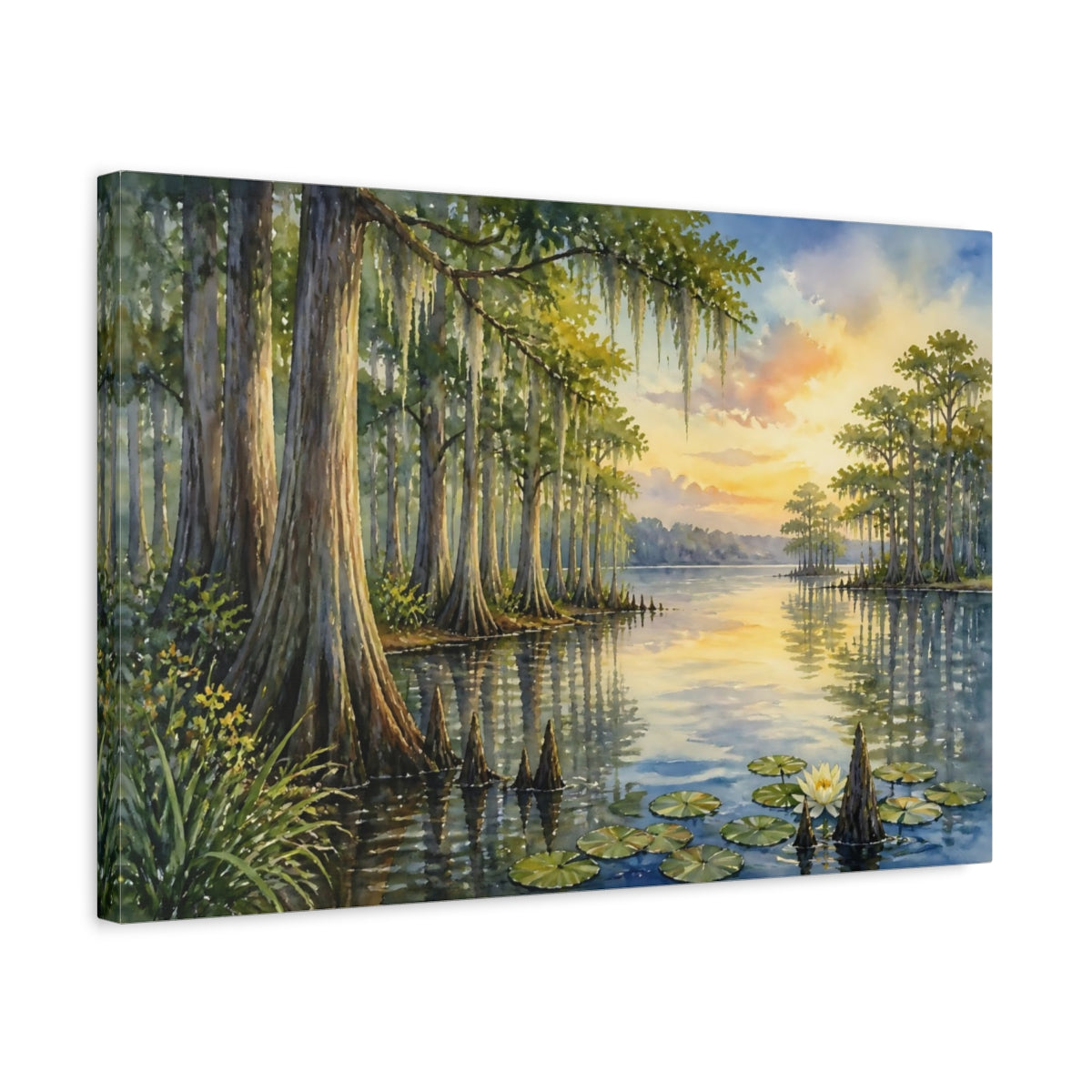 Side Mockup 3. Quiet Cypress Grove At Sunset shown as canvas print
