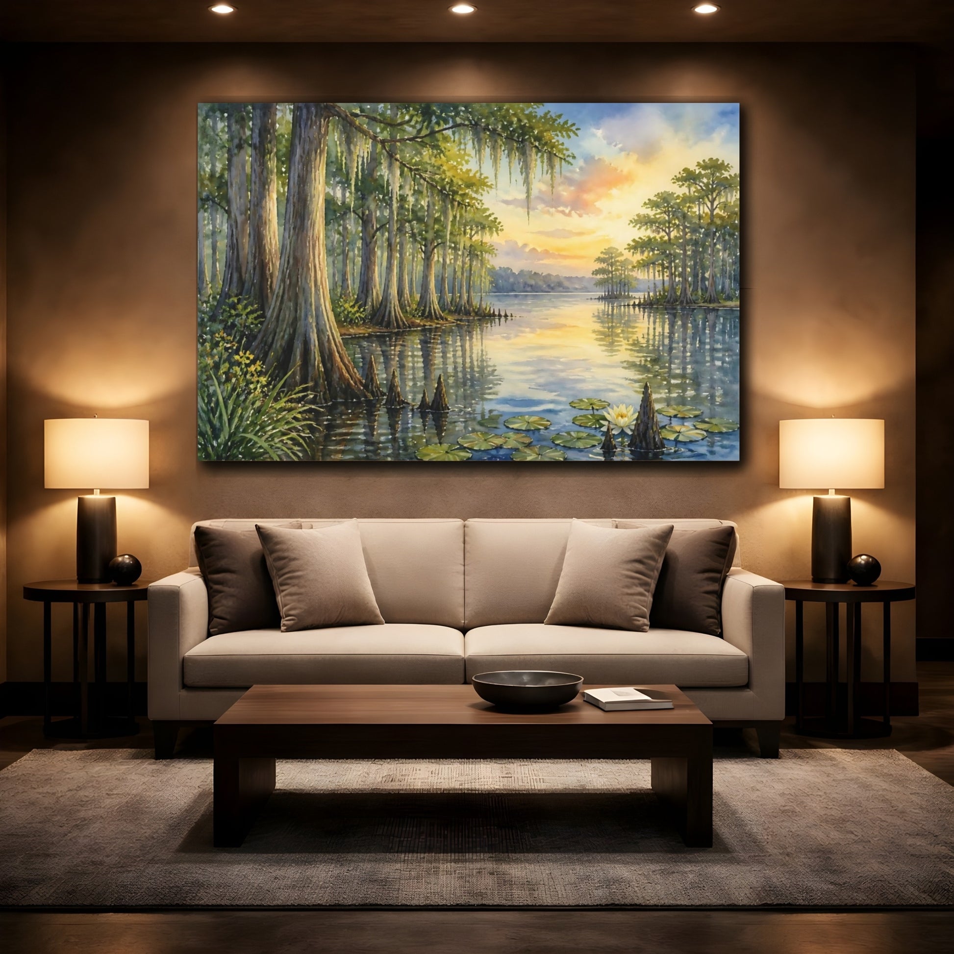 Mockup 2. Quiet Cypress Grove At Sunset shown as canvas print