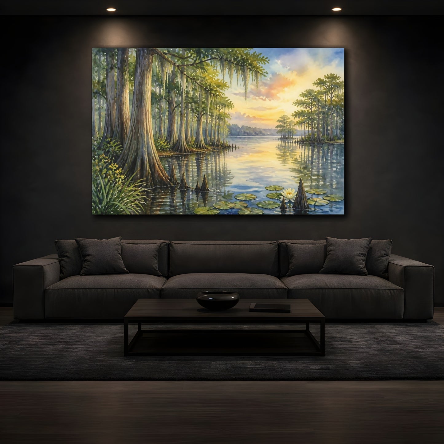 Mockup 3. Quiet Cypress Grove At Sunset shown as canvas print