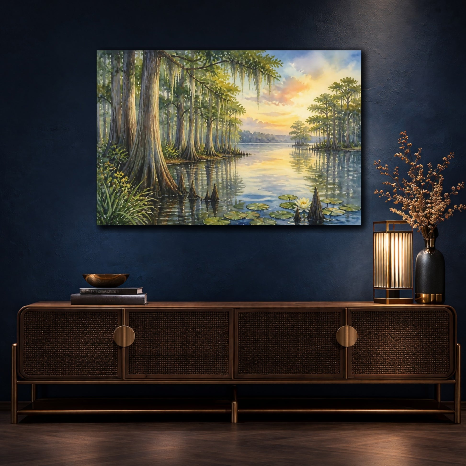Mockup 4. Quiet Cypress Grove At Sunset shown as canvas print