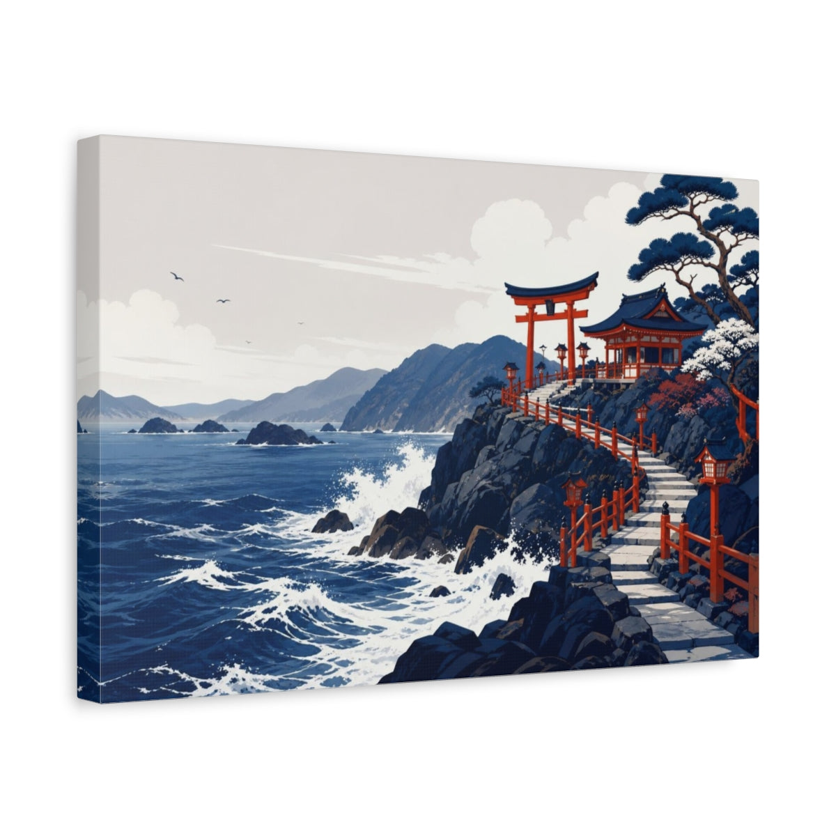 Side Mockup 4. Quiet Editorial Minimalism Coastal Shrine On Dark Rocks With Sea Foam, Navy, White And Vermilion shown as canvas print