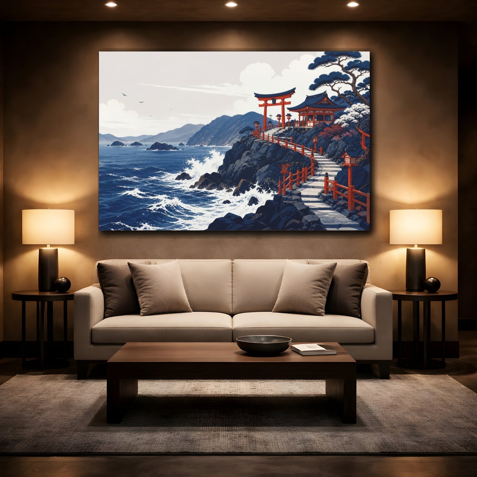 Mockup 2. Quiet Editorial Minimalism Coastal Shrine On Dark Rocks With Sea Foam, Navy, White And Vermilion shown as canvas print
