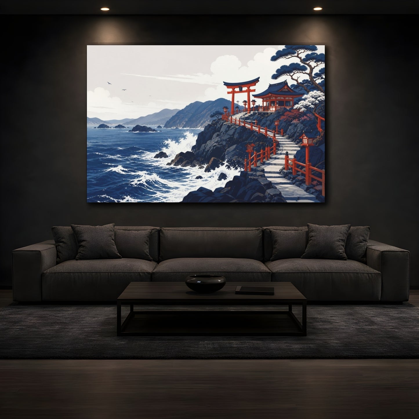Mockup 3. Quiet Editorial Minimalism Coastal Shrine On Dark Rocks With Sea Foam, Navy, White And Vermilion shown as canvas print