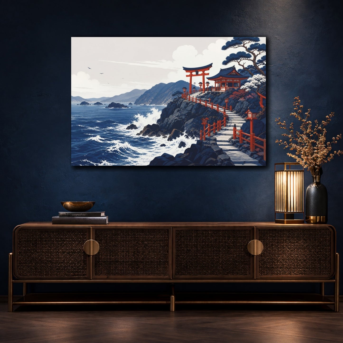 Mockup 4. Quiet Editorial Minimalism Coastal Shrine On Dark Rocks With Sea Foam, Navy, White And Vermilion shown as canvas print