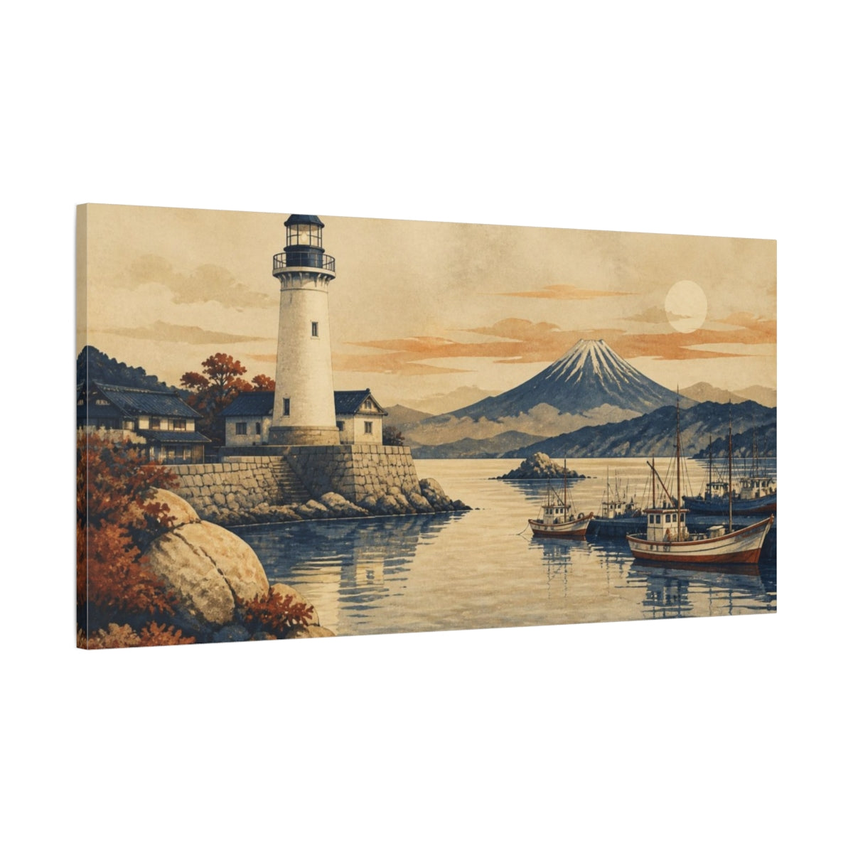 Main Mockup. Quiet Harbor Lighthouse shown as canvas print