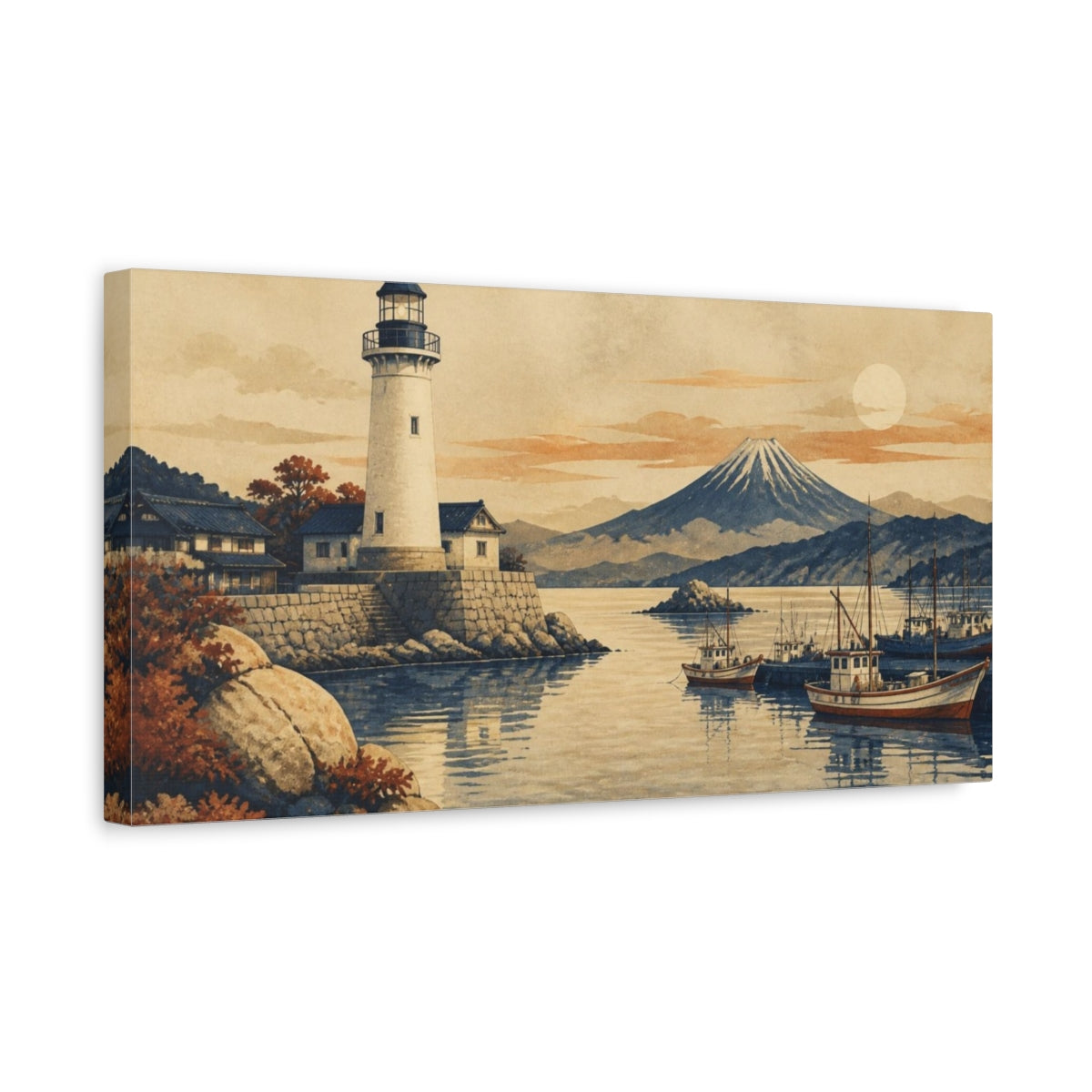 Side Mockup 3. Quiet Harbor Lighthouse shown as canvas print
