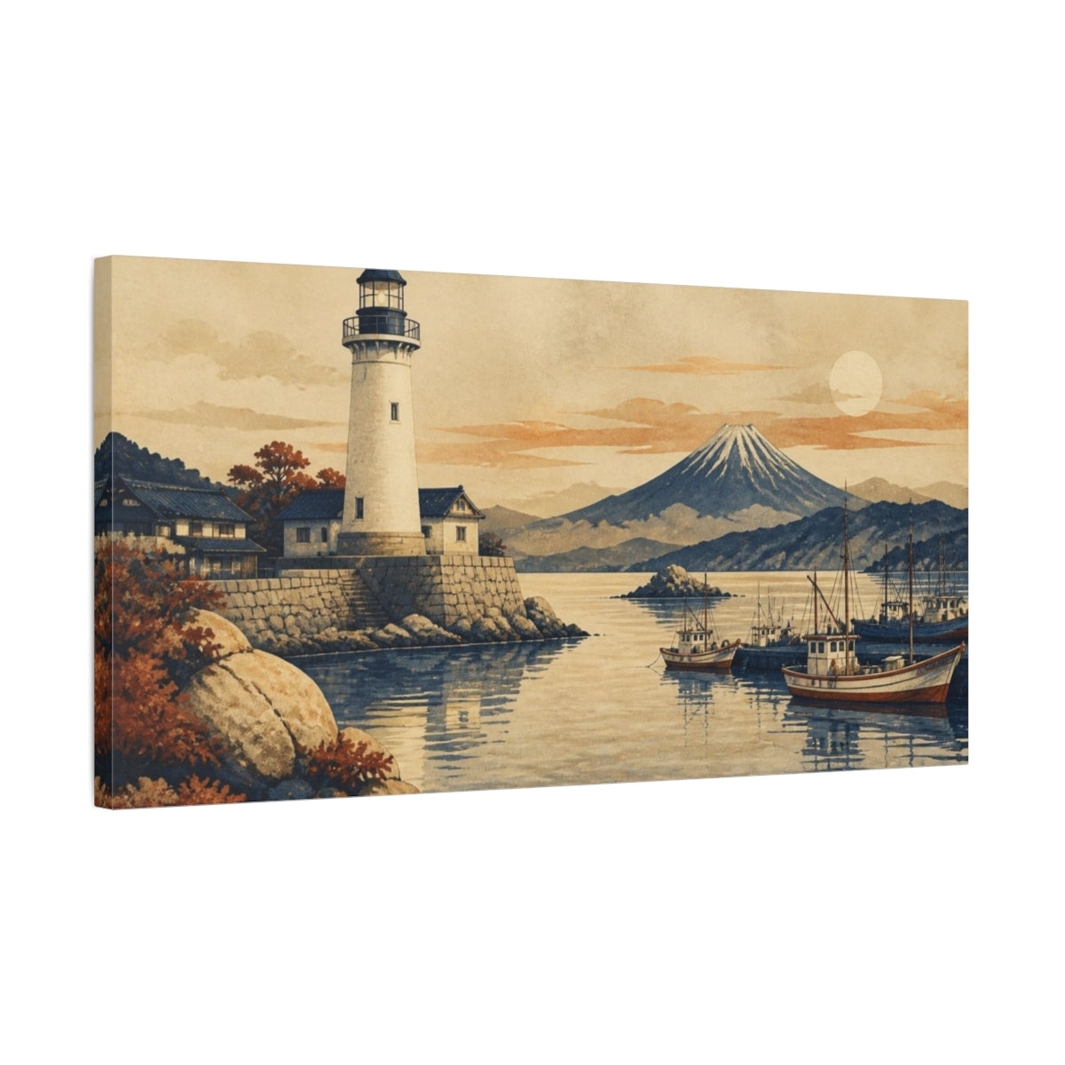 Side Mockup 1. Quiet Harbor Lighthouse shown as canvas print