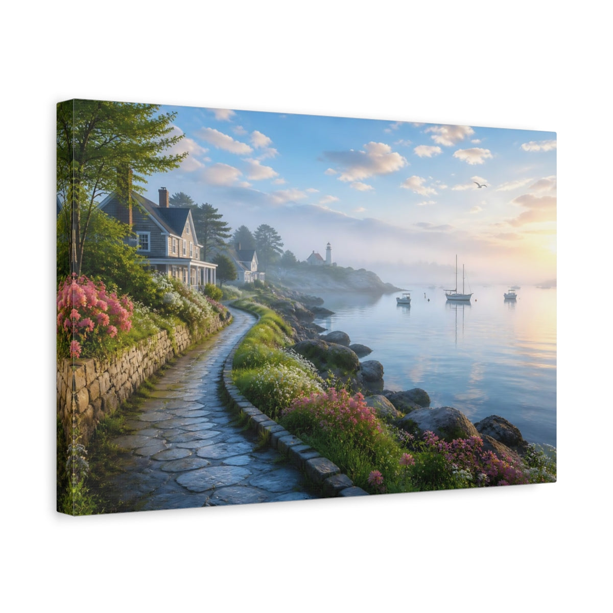 Side Mockup 4. Quiet Harbor Morning Mist shown as canvas print