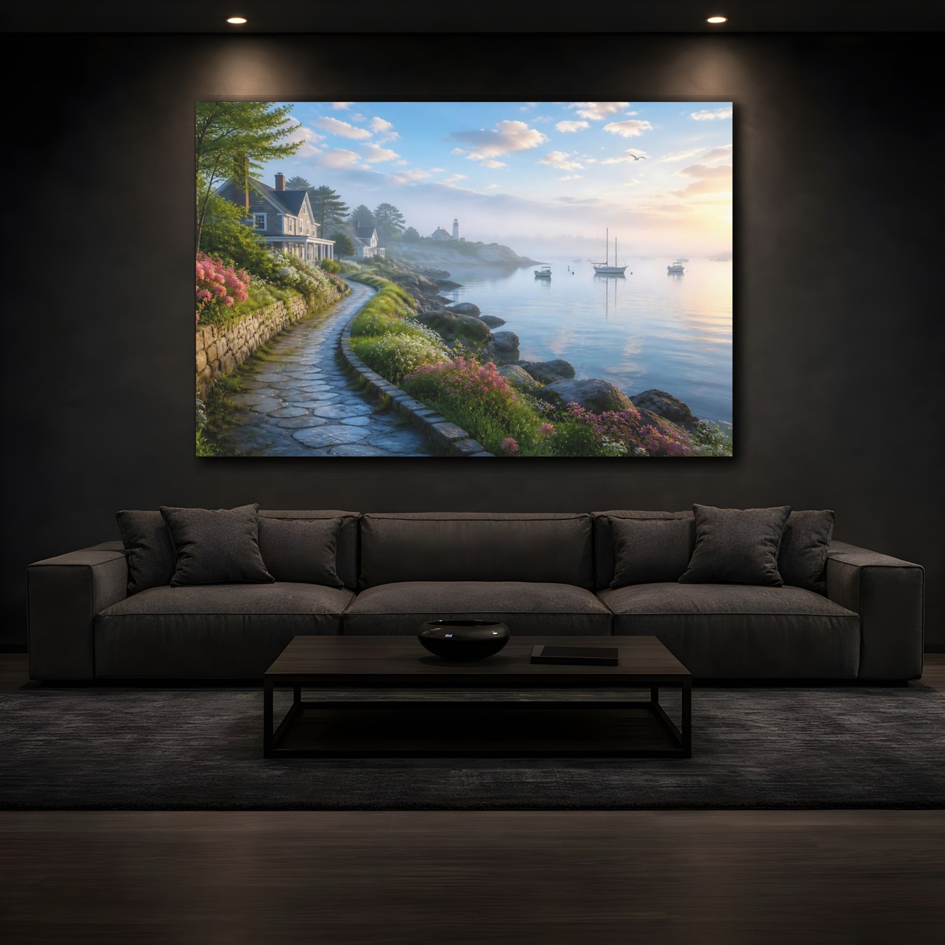 Mockup 3. Quiet Harbor Morning Mist shown as canvas print