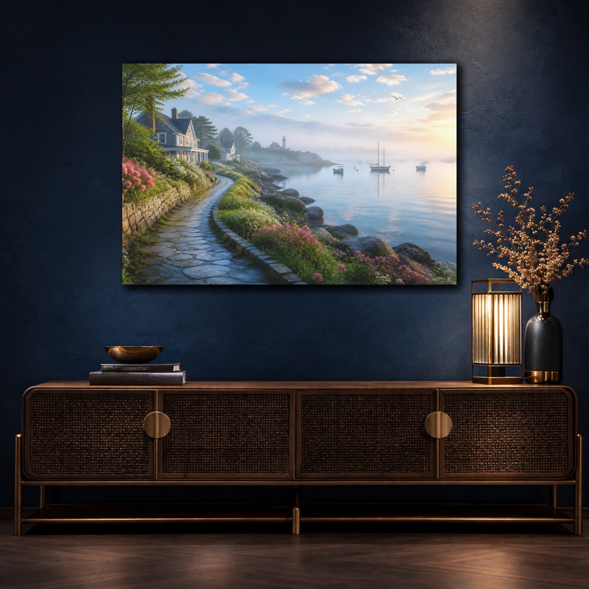 Mockup 4. Quiet Harbor Morning Mist shown as canvas print