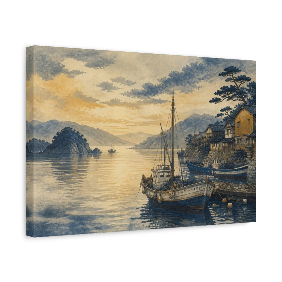 Side Mockup 4. Quiet Seto Fishing Bay shown as canvas print
