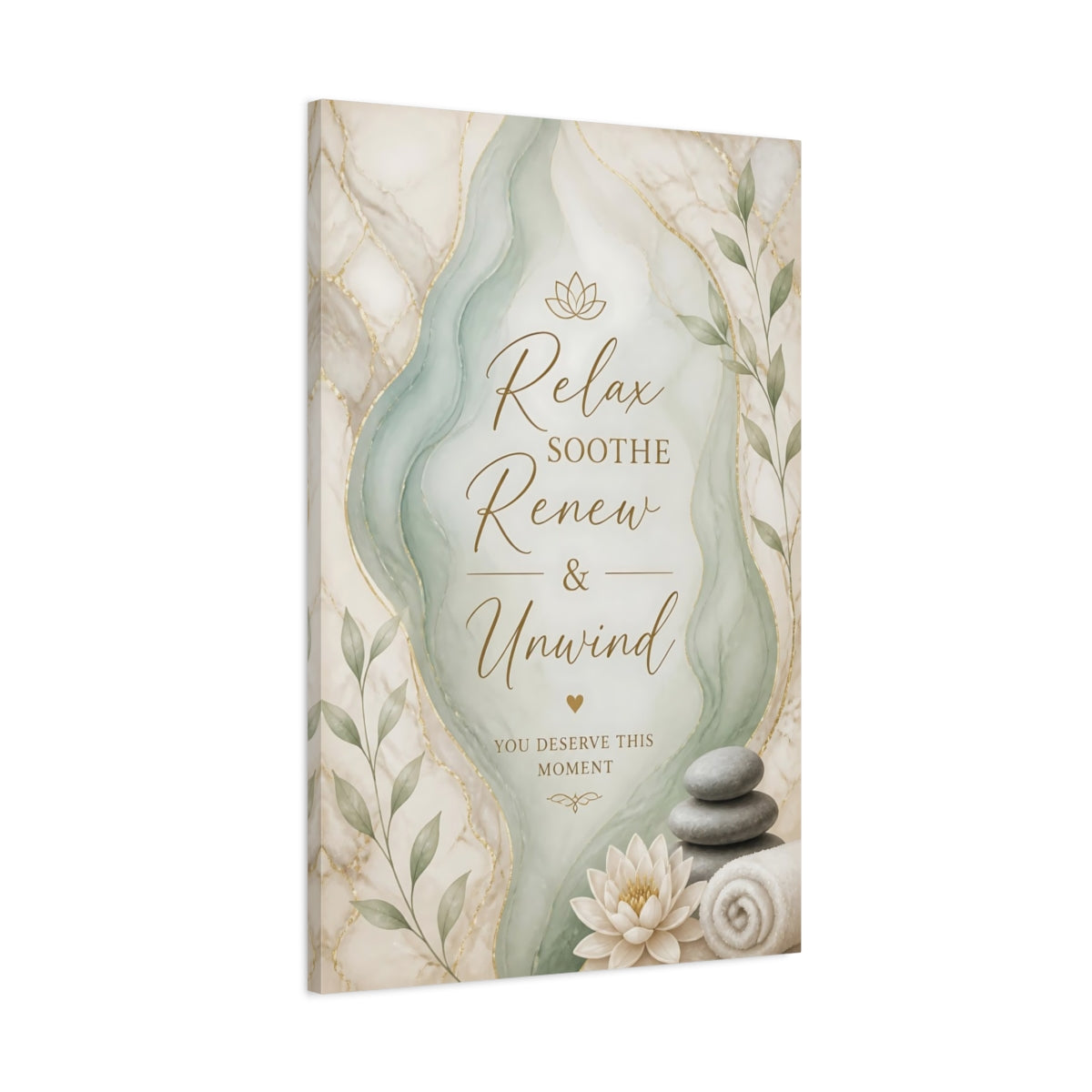 Main Mockup. Quote Spa Lotus Flower Stacked Stones shown as canvas print