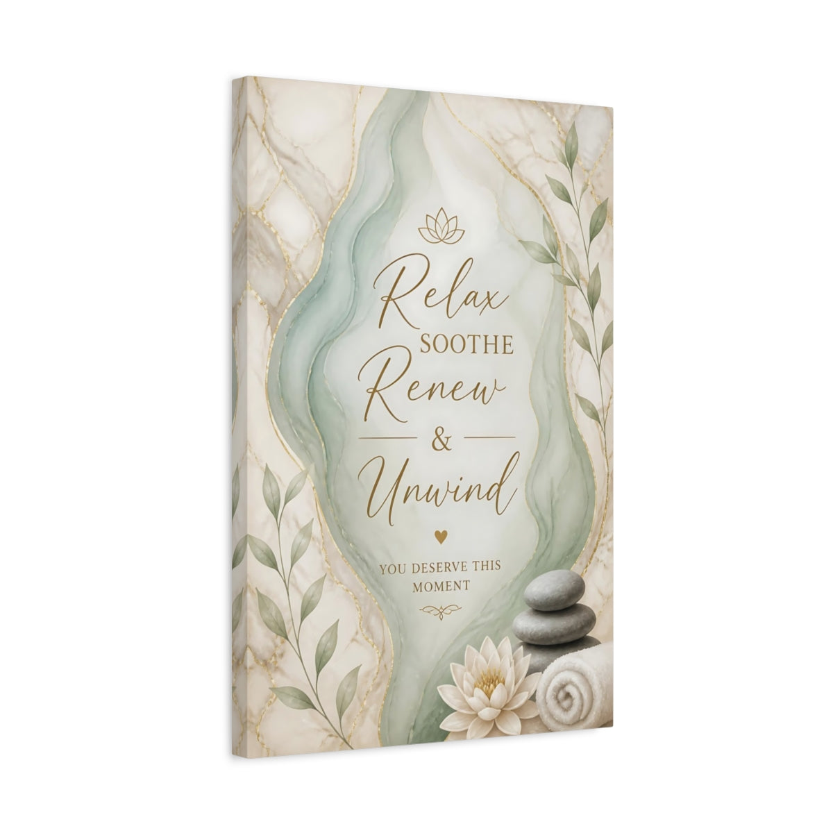 Side Mockup 3. Quote Spa Lotus Flower Stacked Stones shown as canvas print
