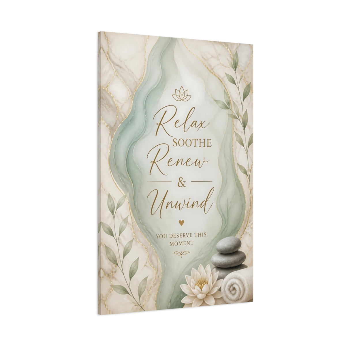 Side Mockup 1. Quote Spa Lotus Flower Stacked Stones shown as canvas print