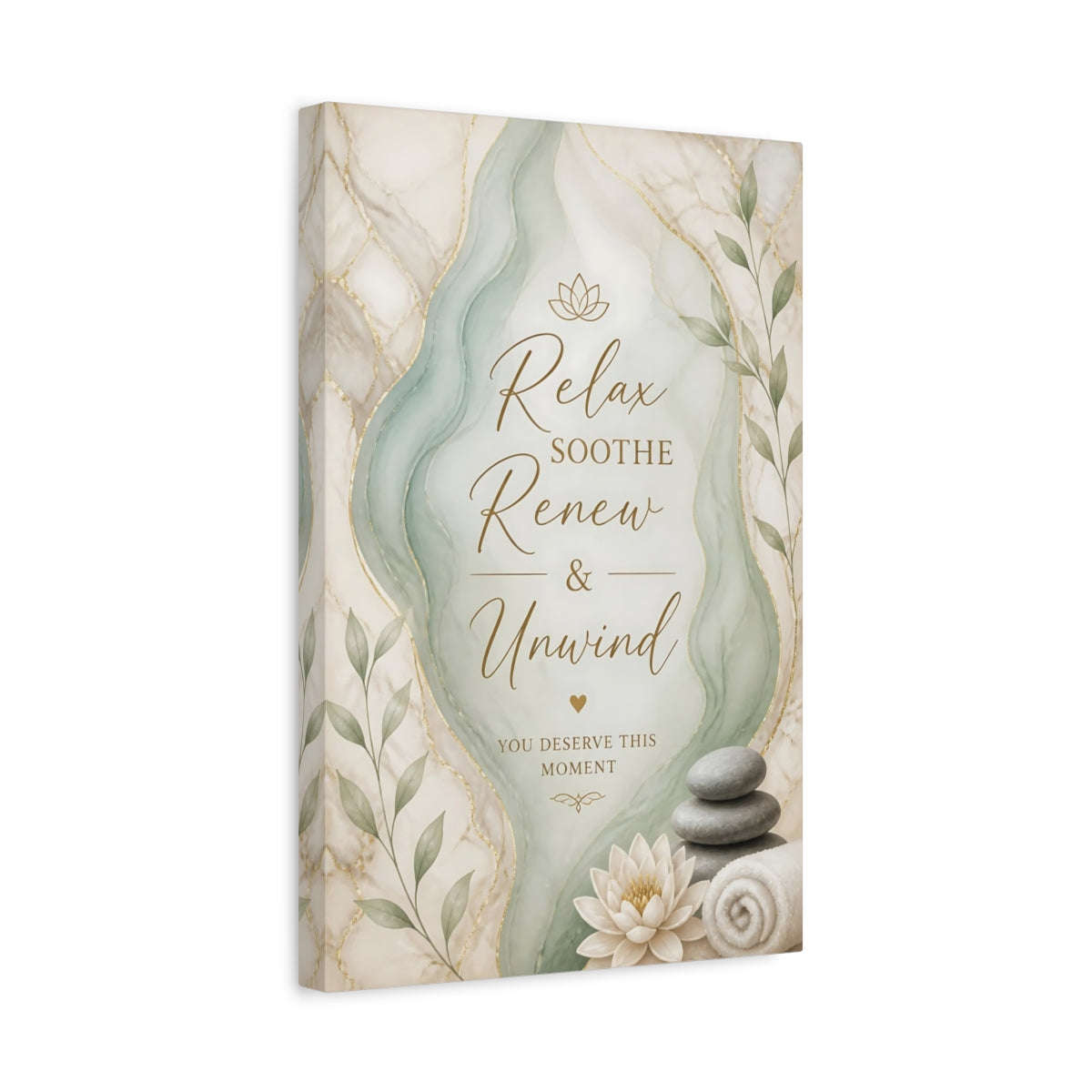 Side Mockup 4. Quote Spa Lotus Flower Stacked Stones shown as canvas print
