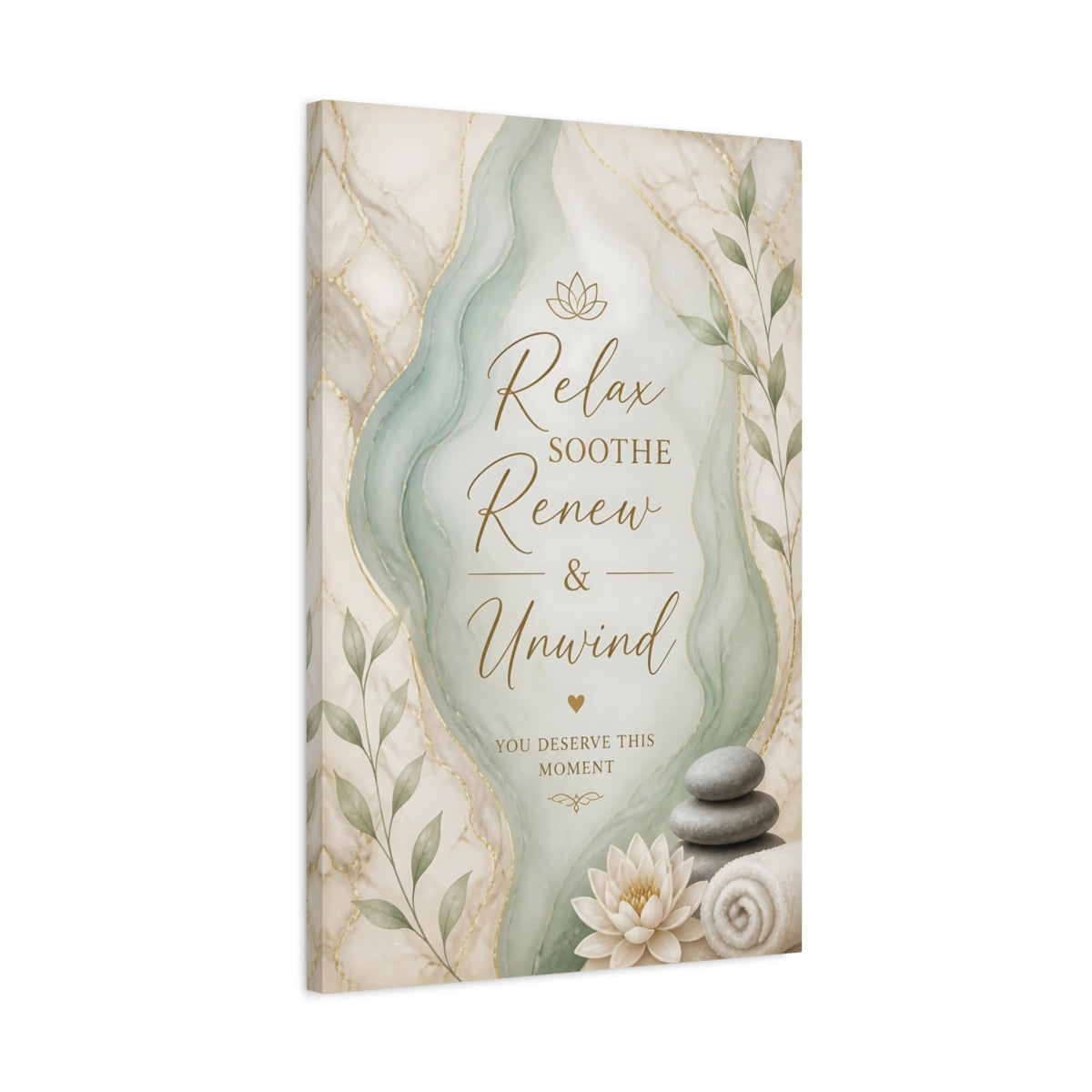 Side Mockup 2. Quote Spa Lotus Flower Stacked Stones shown as canvas print