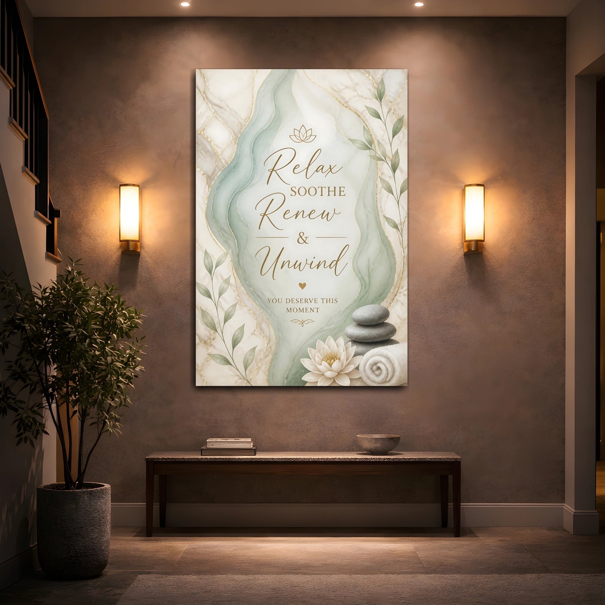 Mockup 2. Quote Spa Lotus Flower Stacked Stones shown as canvas print