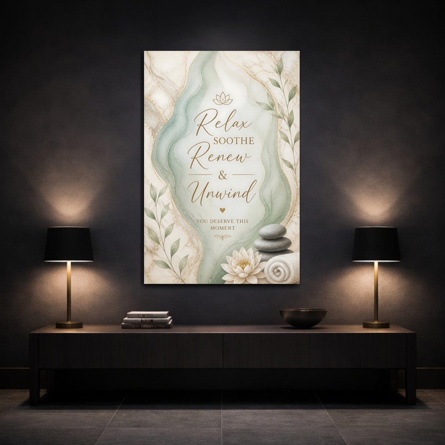 Mockup 3. Quote Spa Lotus Flower Stacked Stones shown as canvas print