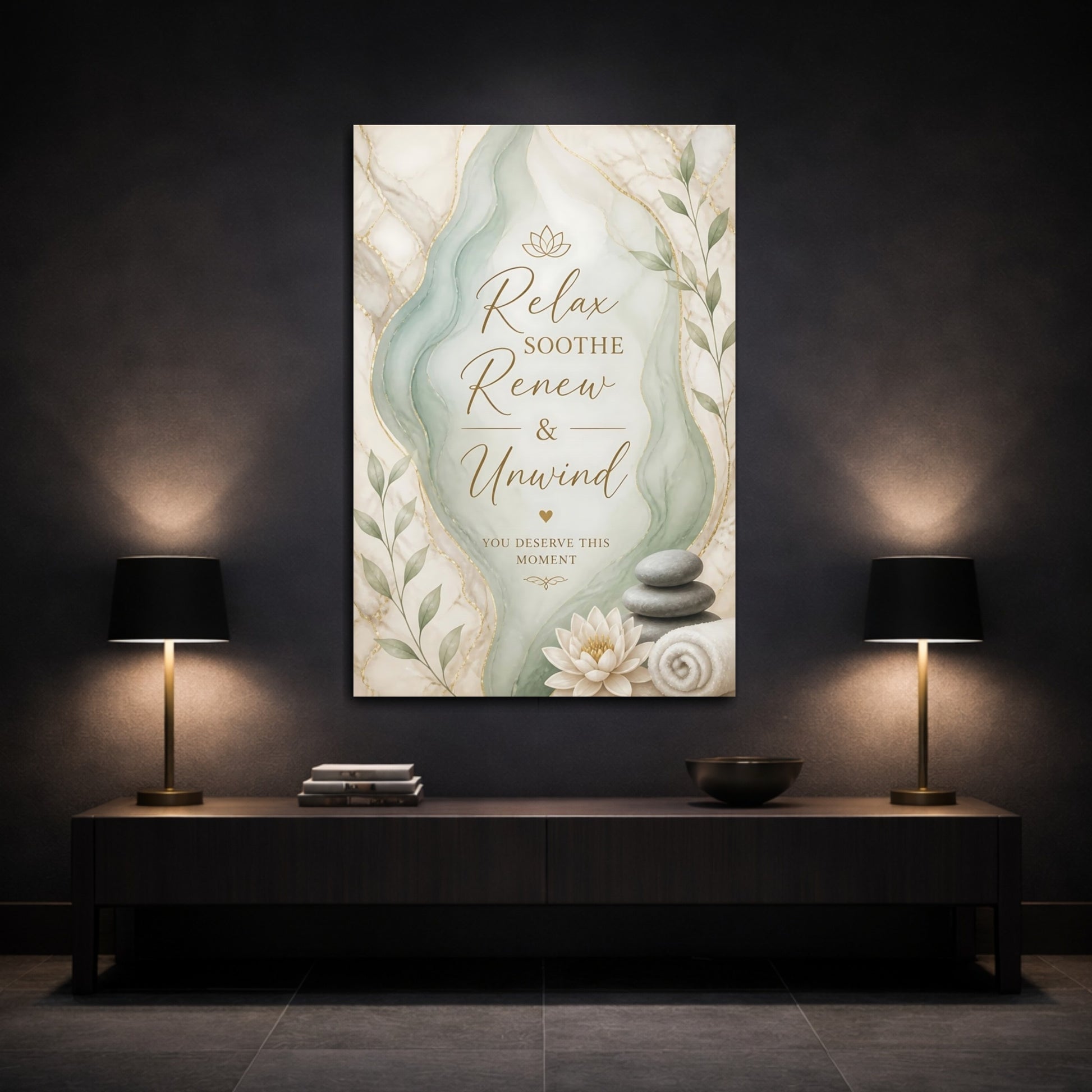 Mockup 3. Quote Spa Lotus Flower Stacked Stones shown as canvas print