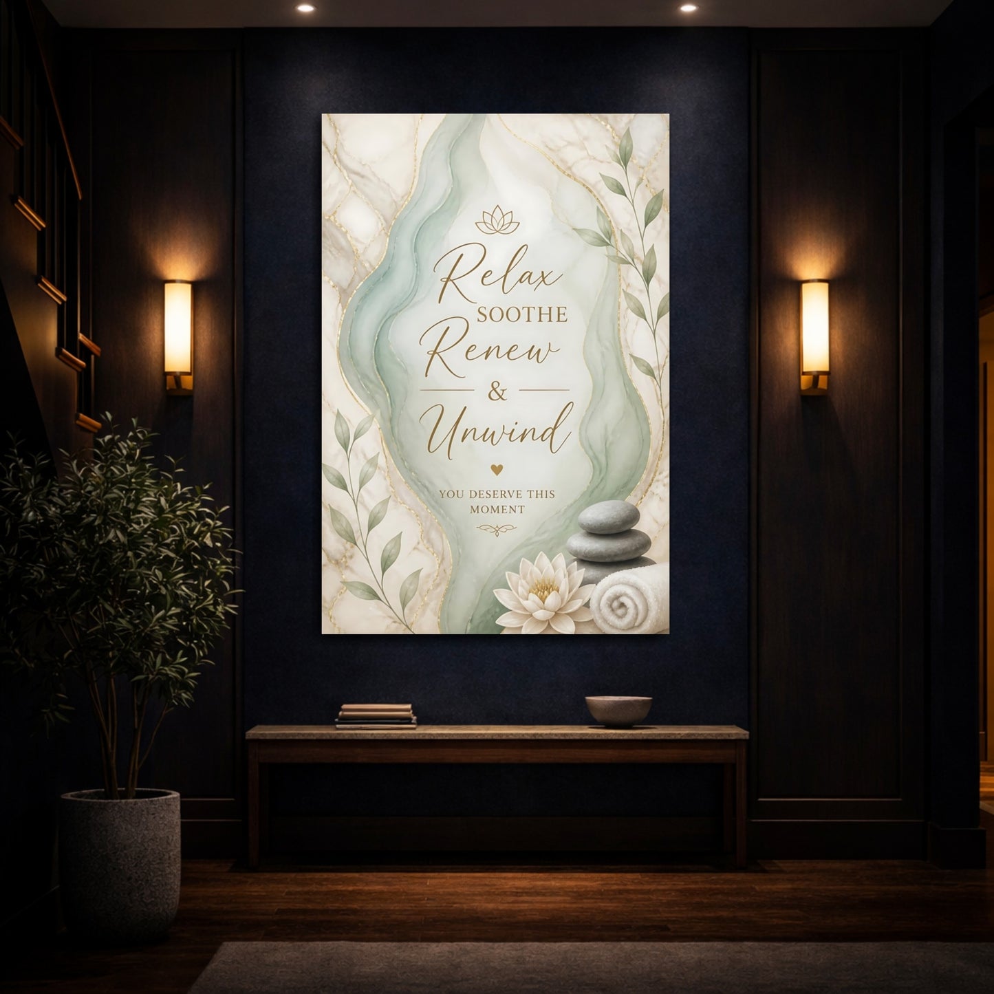 Mockup 4. Quote Spa Lotus Flower Stacked Stones shown as canvas print