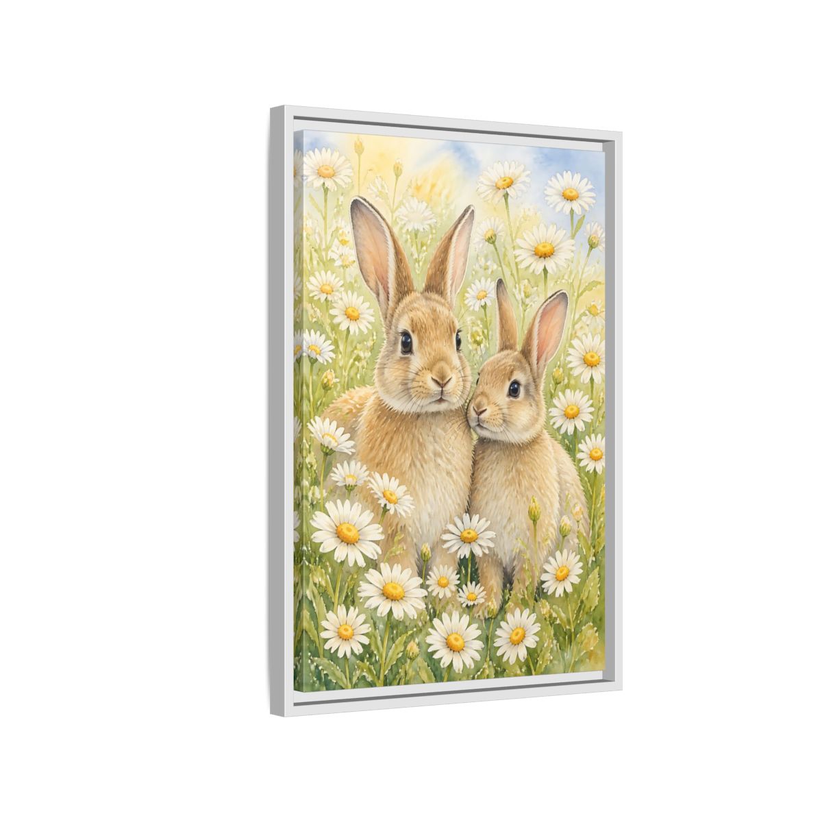 Side Mockup 1. Rabbit Animals In Daisy Meadow shown as framed canvas print