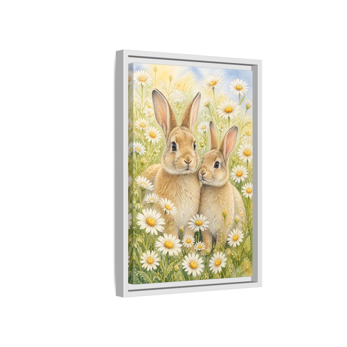 Side Mockup 4. Rabbit Animals In Daisy Meadow shown as framed canvas print