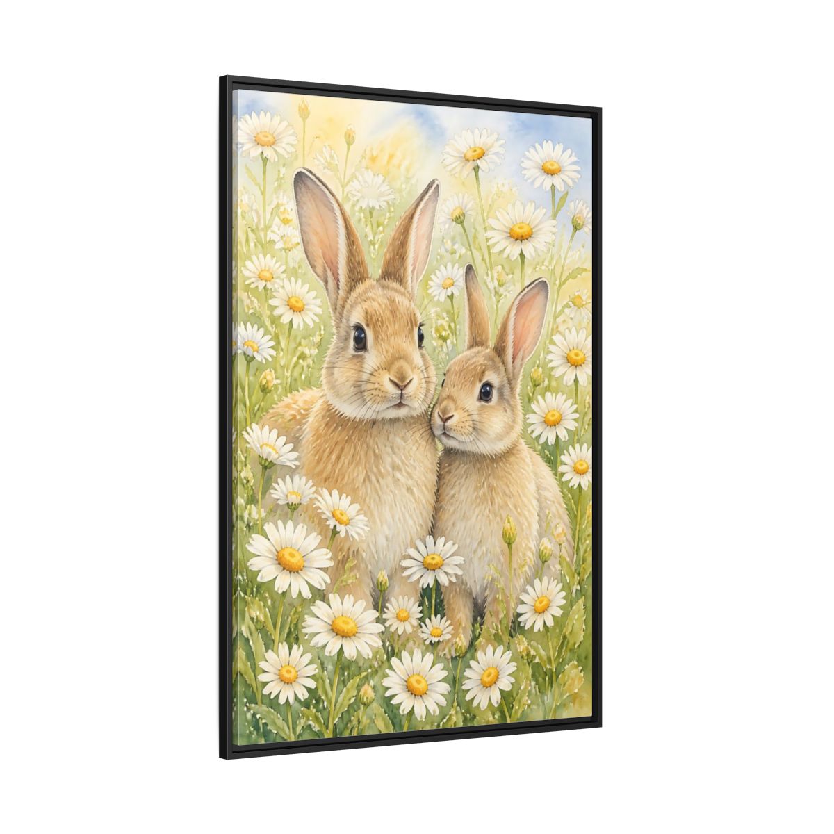 Side Mockup 12. Rabbit Animals In Daisy Meadow shown as framed canvas print